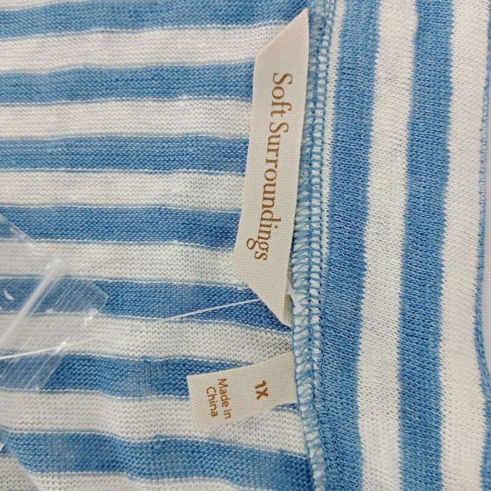 Soft Surroundings Linen Cardigan Blue Stripe V Neck Women Plus‎ Sz 1X NEW! - Picture 7 of 10